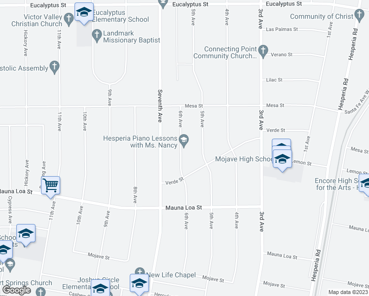 map of restaurants, bars, coffee shops, grocery stores, and more near 10737 6th Avenue in Hesperia