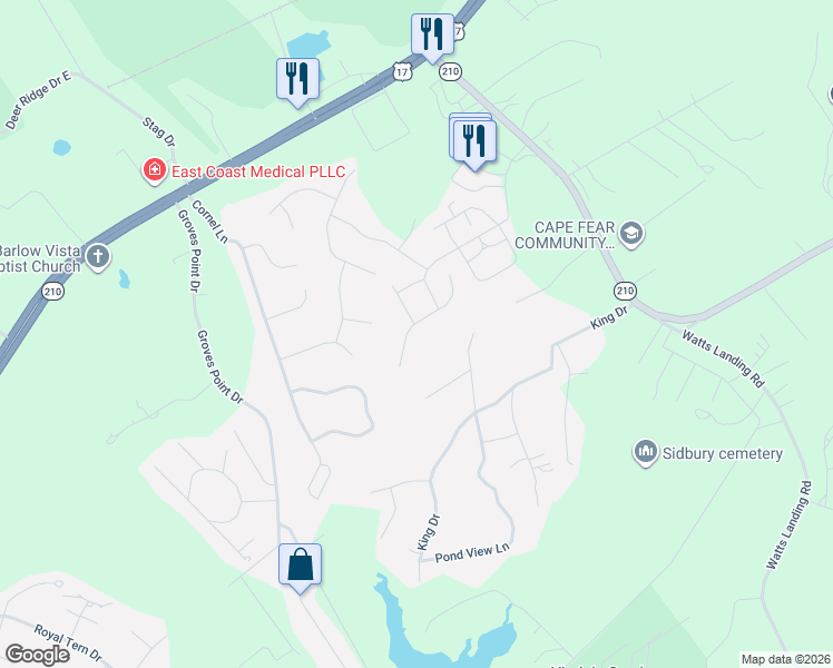 map of restaurants, bars, coffee shops, grocery stores, and more near 408 Pond View Circle in Hampstead