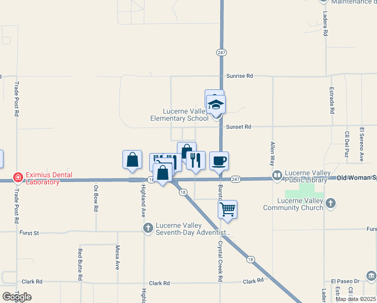 map of restaurants, bars, coffee shops, grocery stores, and more near 10600 Oracle Road in Lucerne Valley