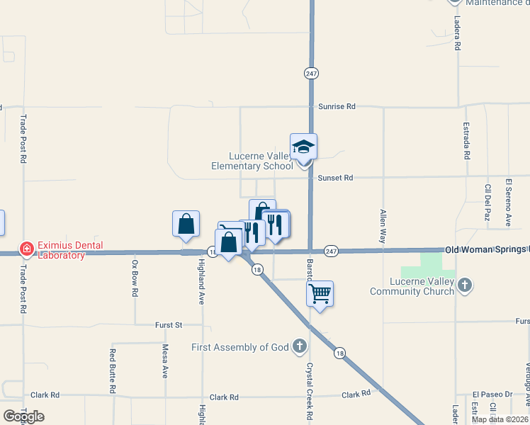 map of restaurants, bars, coffee shops, grocery stores, and more near 32723 Russell Lane in Lucerne Valley