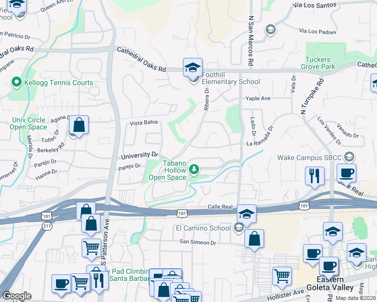 map of restaurants, bars, coffee shops, grocery stores, and more near 474 Ribera Drive in Santa Barbara