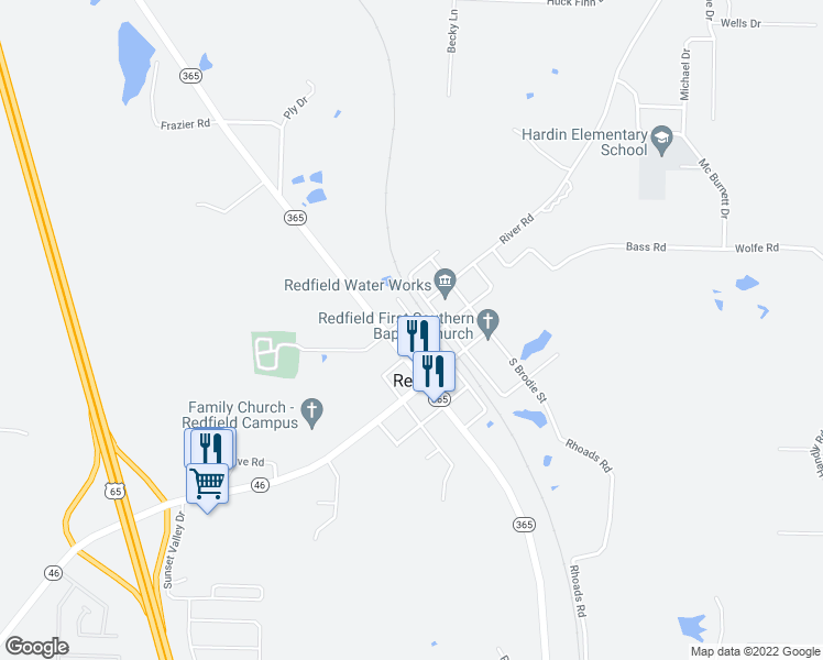 map of restaurants, bars, coffee shops, grocery stores, and more near 206 Northwest Railroad Street in Redfield