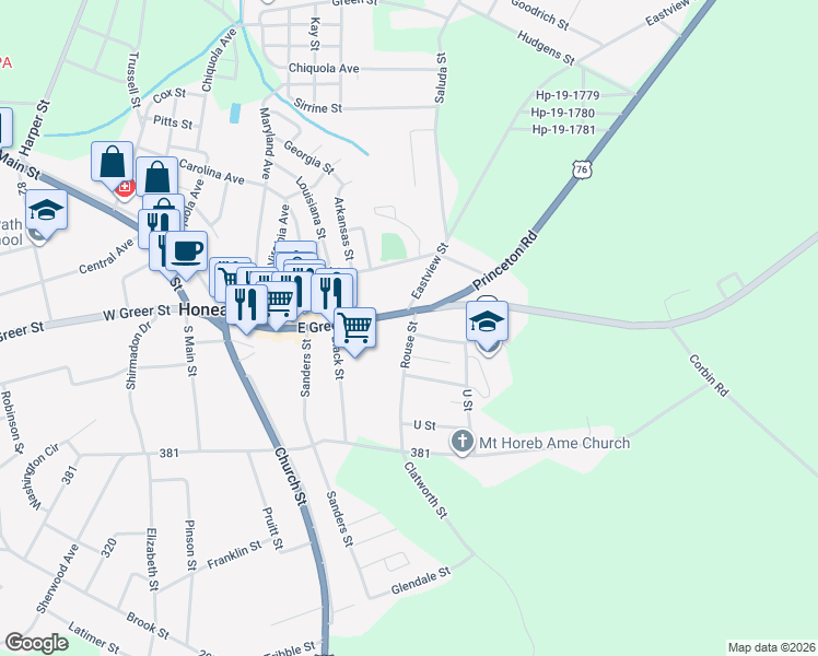 map of restaurants, bars, coffee shops, grocery stores, and more near 526 East Greer Street in Honea Path