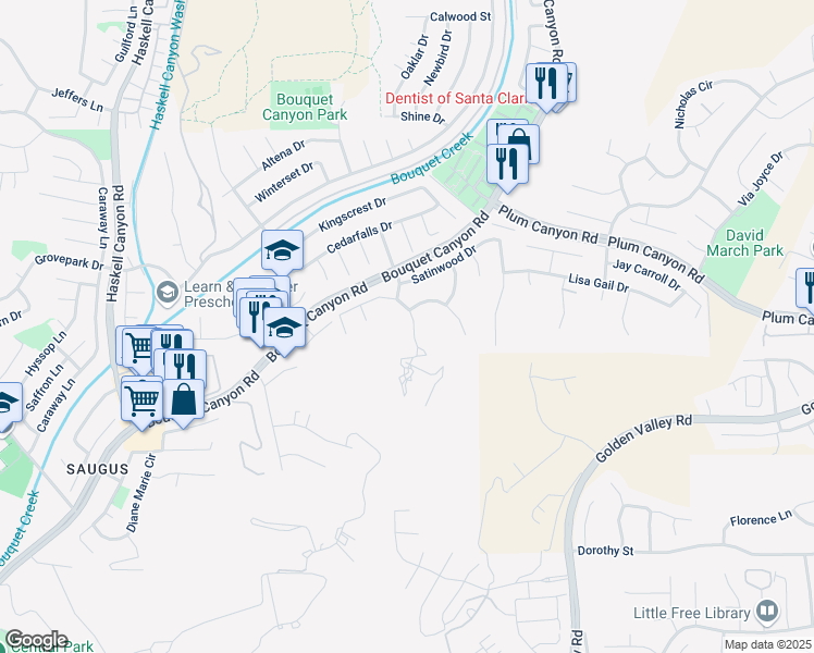 map of restaurants, bars, coffee shops, grocery stores, and more near 20918 Susan Carole Drive in Santa Clarita