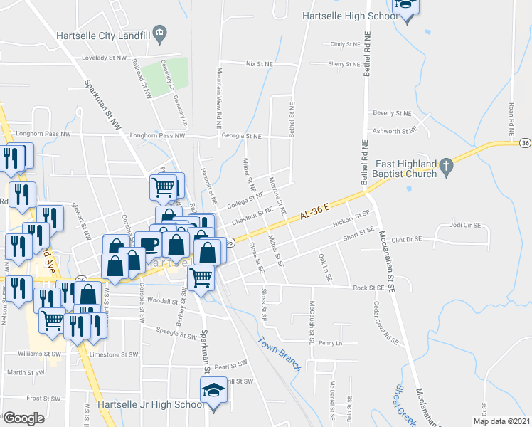 map of restaurants, bars, coffee shops, grocery stores, and more near 106 Milner Street Northeast in Hartselle