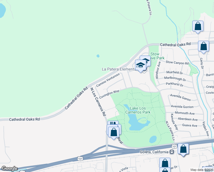map of restaurants, bars, coffee shops, grocery stores, and more near 6560 Camino Caseta in Goleta