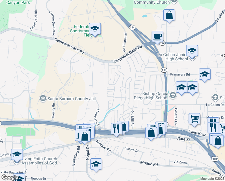 map of restaurants, bars, coffee shops, grocery stores, and more near 333 Old Mill Road in Santa Barbara