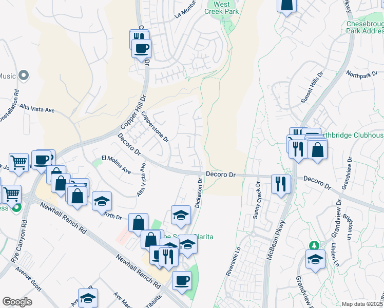 map of restaurants, bars, coffee shops, grocery stores, and more near 24205 Larkspur Court in Santa Clarita