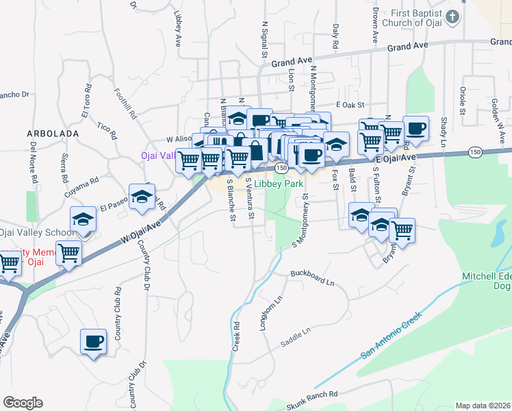map of restaurants, bars, coffee shops, grocery stores, and more near 214 S Ventura St in Ojai