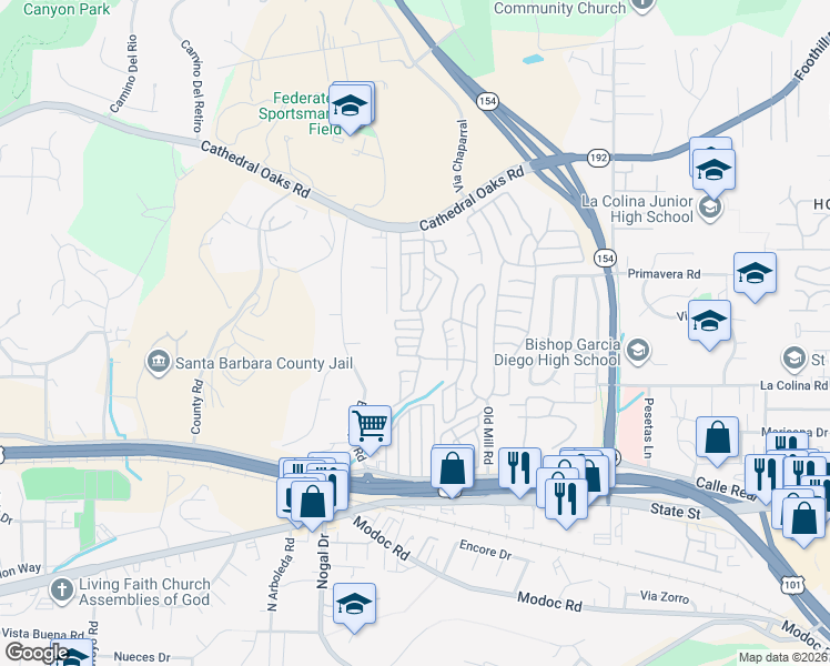 map of restaurants, bars, coffee shops, grocery stores, and more near 333 Old Mill Road in Santa Barbara