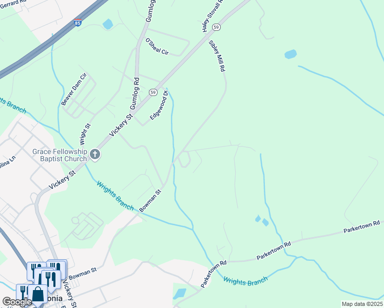map of restaurants, bars, coffee shops, grocery stores, and more near 138 Victoria Lane in Lavonia