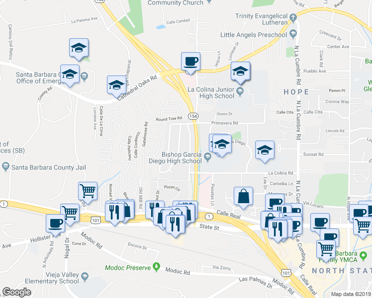 map of restaurants, bars, coffee shops, grocery stores, and more near 415 Verano Drive in Santa Barbara