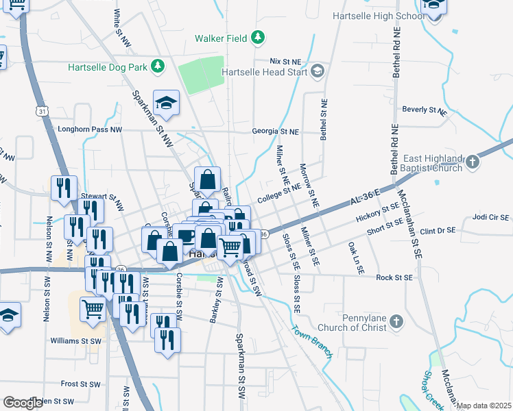 map of restaurants, bars, coffee shops, grocery stores, and more near 200 College Street Northeast in Hartselle