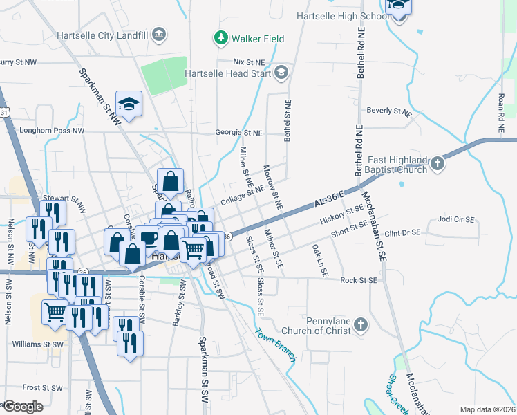 map of restaurants, bars, coffee shops, grocery stores, and more near 398 Chestnut Street Northeast in Hartselle