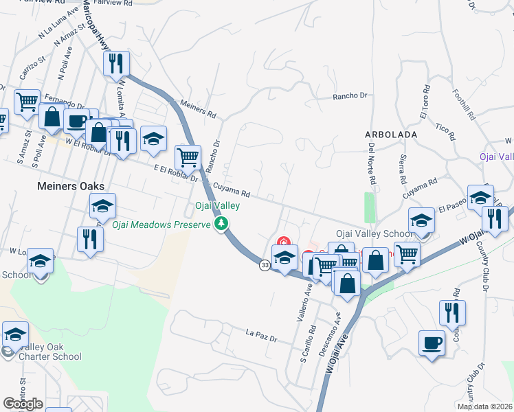 map of restaurants, bars, coffee shops, grocery stores, and more near 1370 Cuyama Road in Ojai