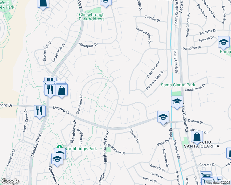 map of restaurants, bars, coffee shops, grocery stores, and more near 23401 Winslow Place in Santa Clarita
