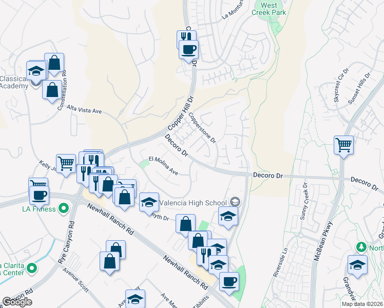 map of restaurants, bars, coffee shops, grocery stores, and more near 24345 Caladium Place in Santa Clarita