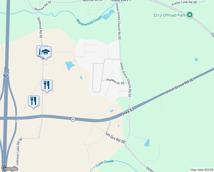 map of restaurants, bars, coffee shops, grocery stores, and more near 127 Lois Street Southeast in Calhoun