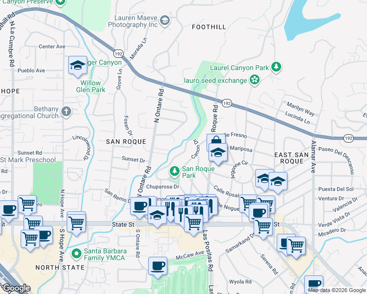 map of restaurants, bars, coffee shops, grocery stores, and more near 288 Canon Drive in Santa Barbara