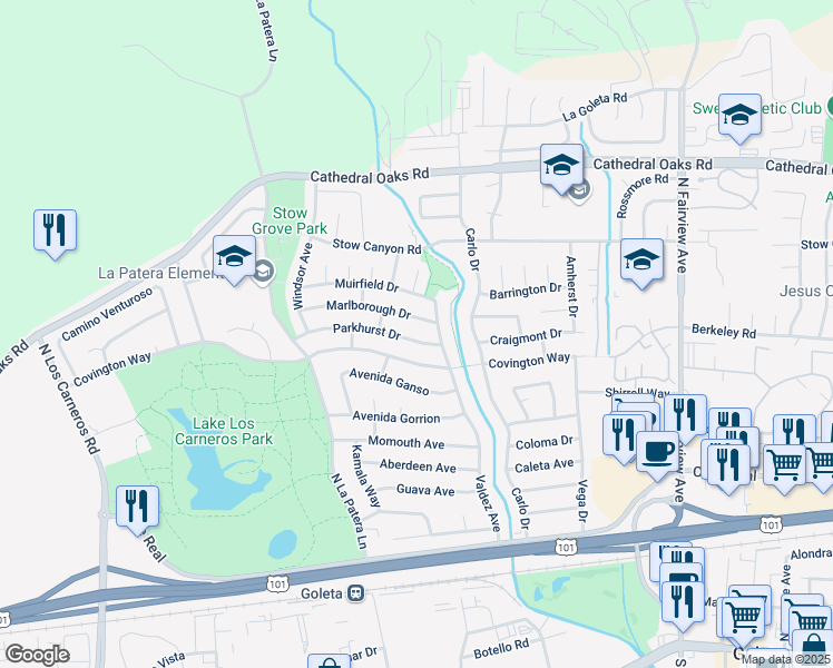 map of restaurants, bars, coffee shops, grocery stores, and more near 6224 Parkhurst Drive in Goleta