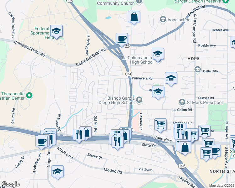 map of restaurants, bars, coffee shops, grocery stores, and more near 415 Rosario Drive in Santa Barbara