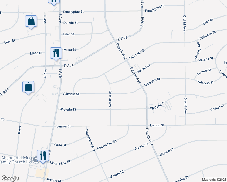 map of restaurants, bars, coffee shops, grocery stores, and more near 18038 Valencia Street in Hesperia
