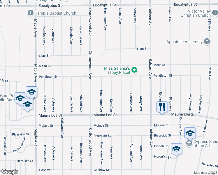 map of restaurants, bars, coffee shops, grocery stores, and more near 10754 Kern Avenue in Hesperia