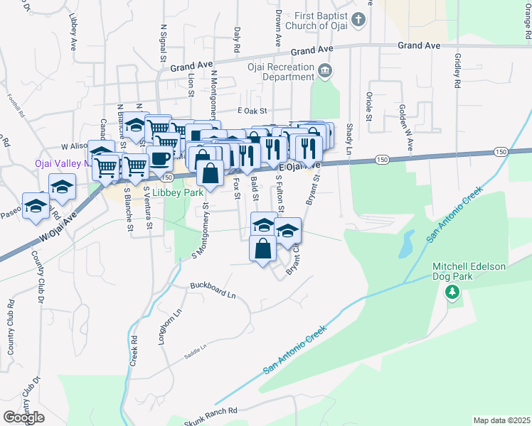 map of restaurants, bars, coffee shops, grocery stores, and more near 606 Pearl Street in Ojai