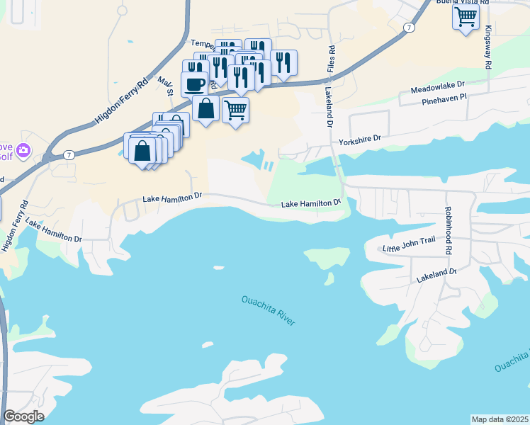 map of restaurants, bars, coffee shops, grocery stores, and more near 464 Lake Hamilton Drive in Garland County