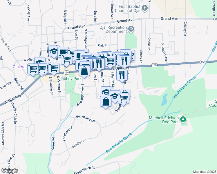 map of restaurants, bars, coffee shops, grocery stores, and more near 610 Pearl Street in Ojai