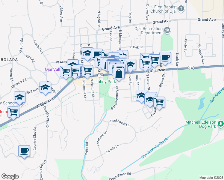 map of restaurants, bars, coffee shops, grocery stores, and more near 251 South Montgomery Street in Ojai