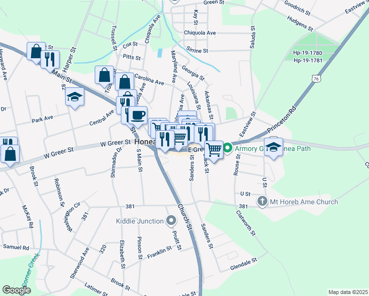 map of restaurants, bars, coffee shops, grocery stores, and more near 303 U.S. 76 in Honea Path