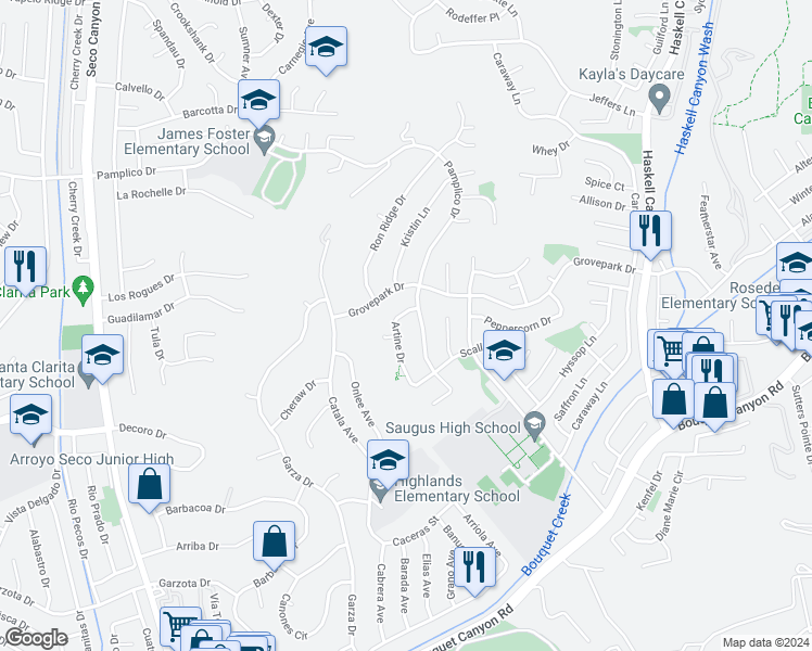 map of restaurants, bars, coffee shops, grocery stores, and more near 27572 Artine Drive in Santa Clarita
