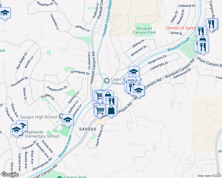 map of restaurants, bars, coffee shops, grocery stores, and more near 27712 Heywood Drive in Santa Clarita