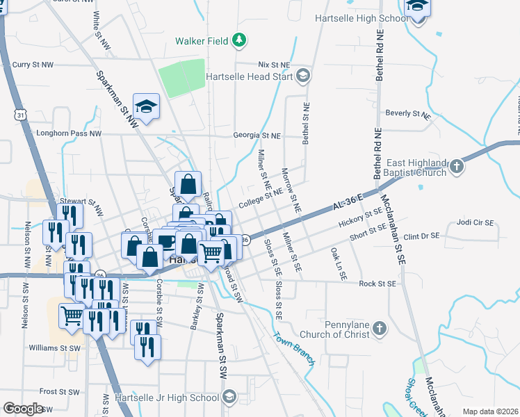 map of restaurants, bars, coffee shops, grocery stores, and more near 202 Sloss Street Southeast in Hartselle