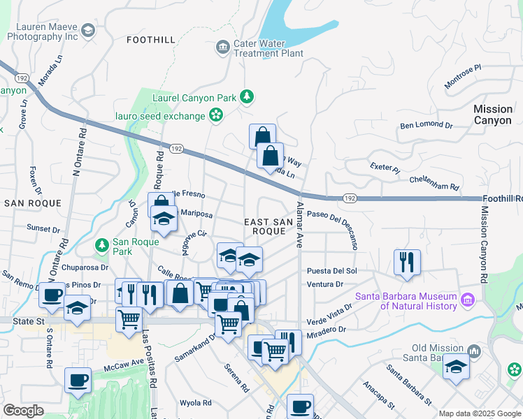 map of restaurants, bars, coffee shops, grocery stores, and more near 236 Vista De La Cumbre in Santa Barbara