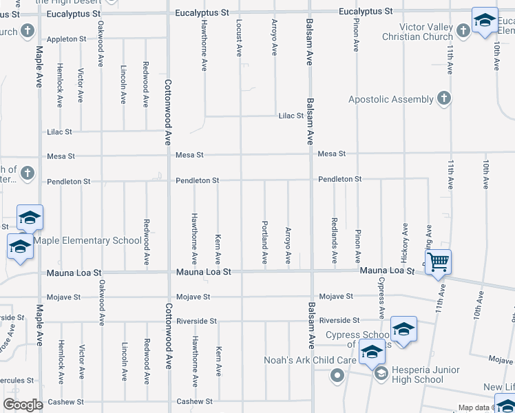 map of restaurants, bars, coffee shops, grocery stores, and more near 10754 Portland Avenue in Hesperia