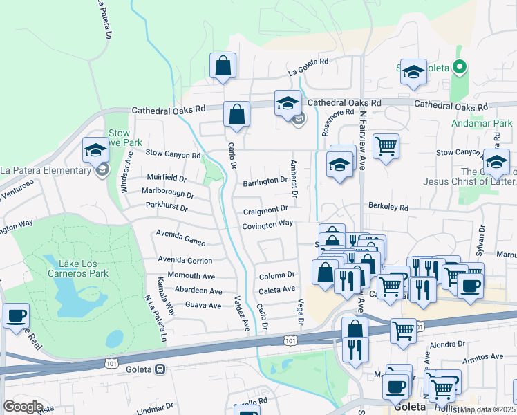 map of restaurants, bars, coffee shops, grocery stores, and more near 6158 Craigmont Drive in Goleta