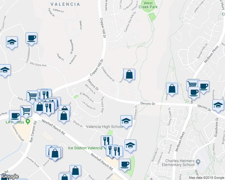 map of restaurants, bars, coffee shops, grocery stores, and more near 27917 Agapanthus Lane in Santa Clarita