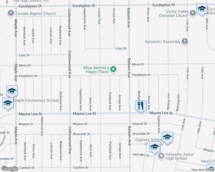 map of restaurants, bars, coffee shops, grocery stores, and more near 10754 Portland Avenue in Hesperia