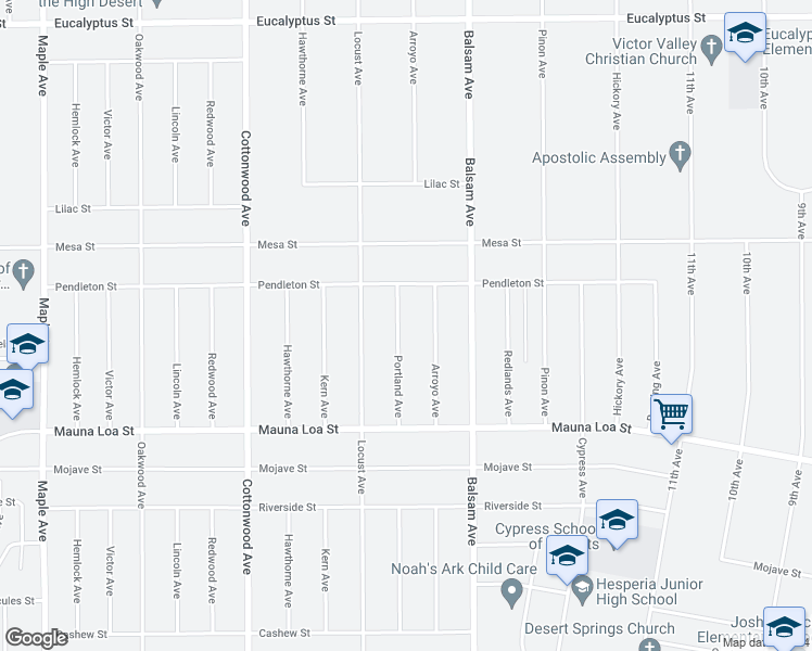 map of restaurants, bars, coffee shops, grocery stores, and more near 10753 Portland Avenue in Hesperia