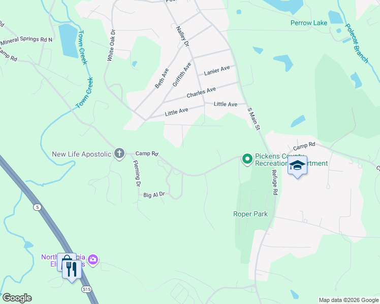 map of restaurants, bars, coffee shops, grocery stores, and more near 113 Spring Place Drive in Jasper