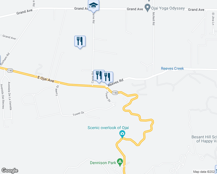 map of restaurants, bars, coffee shops, grocery stores, and more near 3277 East Ojai Avenue in Ojai