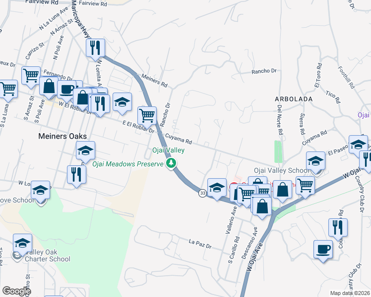map of restaurants, bars, coffee shops, grocery stores, and more near 1370 Cuyama Road in Ojai