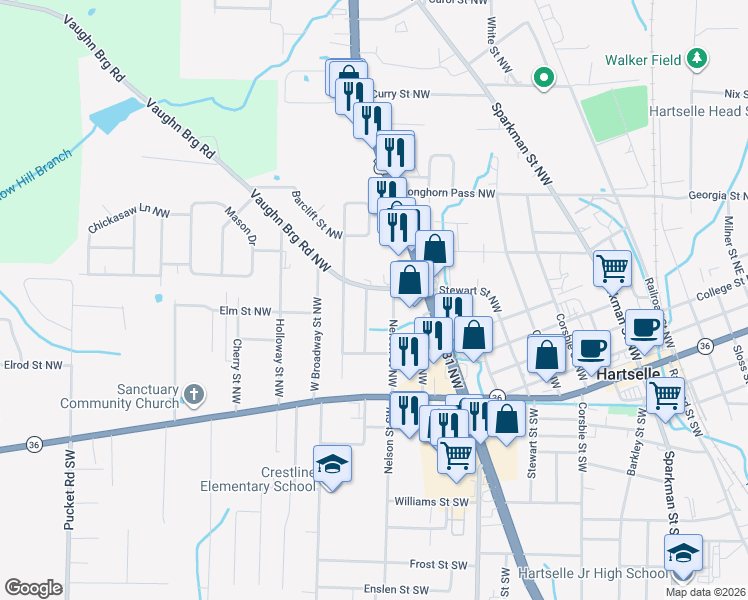 map of restaurants, bars, coffee shops, grocery stores, and more near 639 Vaughn Bridge Road Northwest in Hartselle