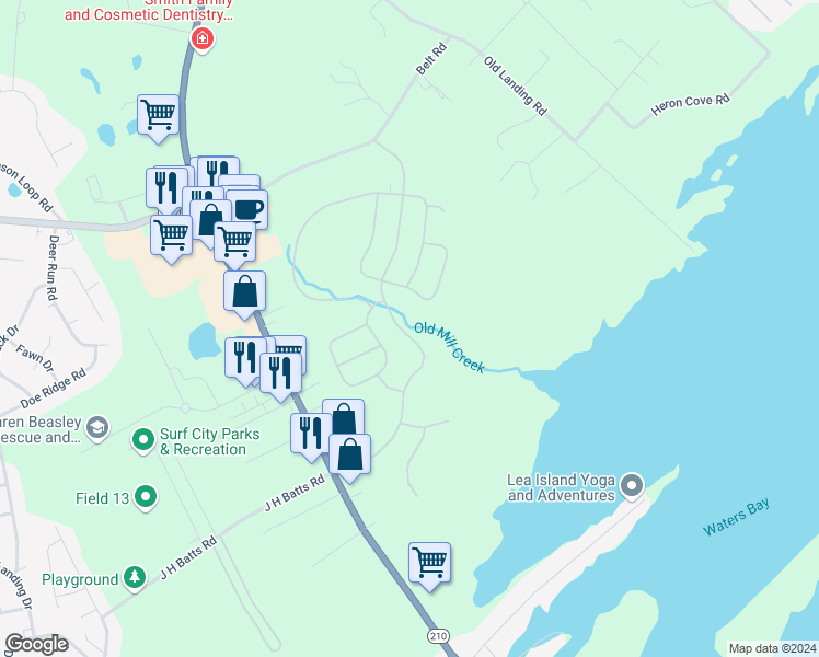 map of restaurants, bars, coffee shops, grocery stores, and more near 332 Edgewater Way in Surf City