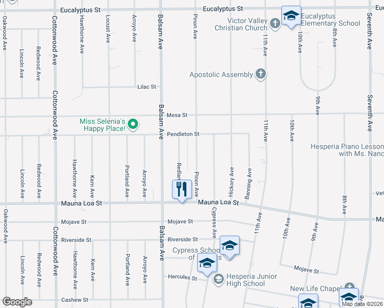 map of restaurants, bars, coffee shops, grocery stores, and more near 10750 Pinon Avenue in Hesperia