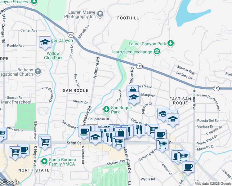 map of restaurants, bars, coffee shops, grocery stores, and more near 288 Canon Drive in Santa Barbara