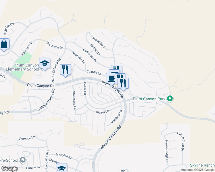 map of restaurants, bars, coffee shops, grocery stores, and more near 19415 Opal Lane in Santa Clarita