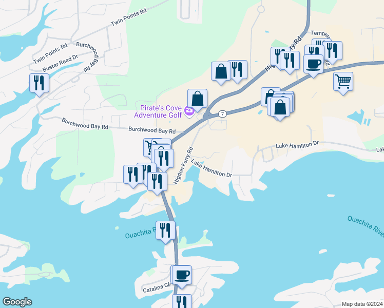 map of restaurants, bars, coffee shops, grocery stores, and more near 133 Lakepointe Cove in Hot Springs